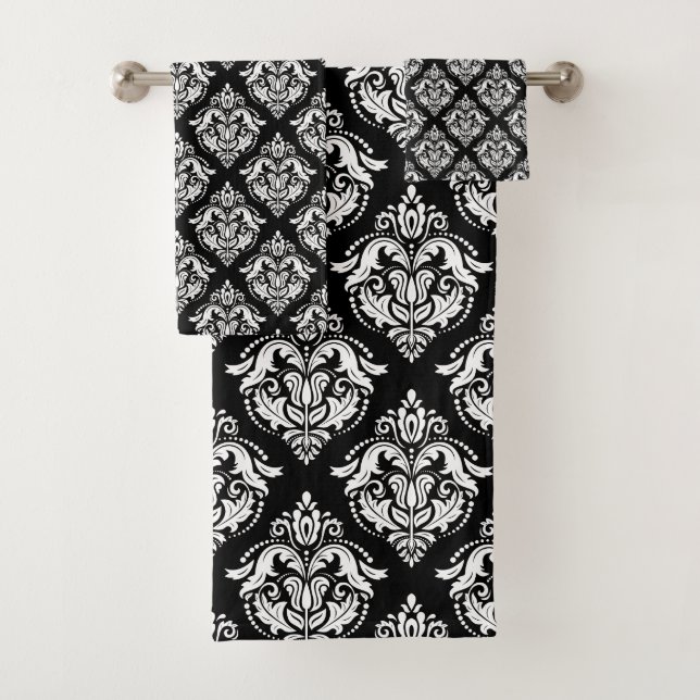 White Damasks Pattern Custom Black Background Bath Towel Set (Insitu)