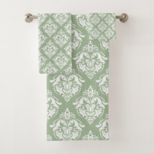 White Damasks Pattern Custom Sage Green Background Bath Towel Set