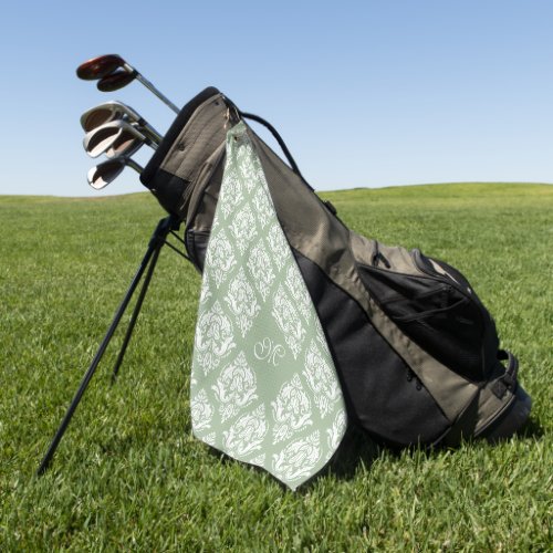 White Damasks Pattern Custom Sage Green Background Golf Towel