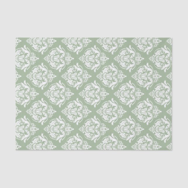 White Damasks Pattern Custom Sage Green Background Tissue Paper (Front)