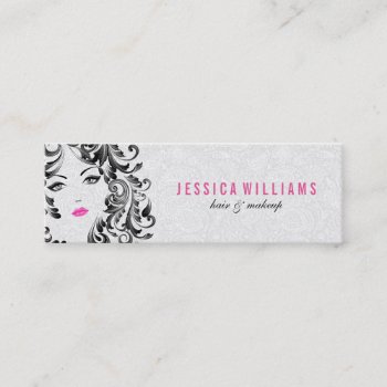White Damasks With Black & Pink Beauty Face Mini Business Card by artOnWear at Zazzle