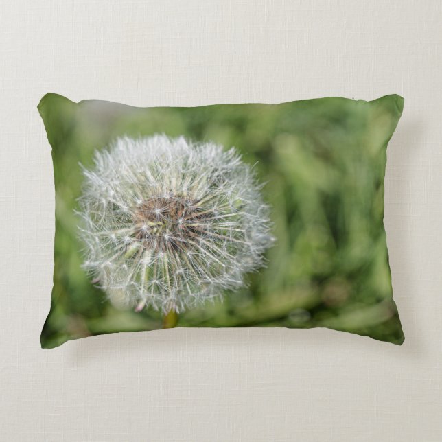 White dandelion flower on green grass accent pillow (Front)