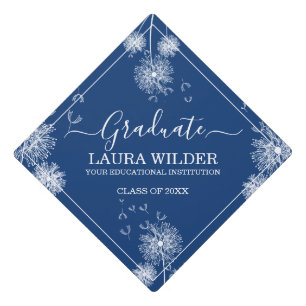 White Dandelion Flowers Navy Blue Graduation Cap Topper