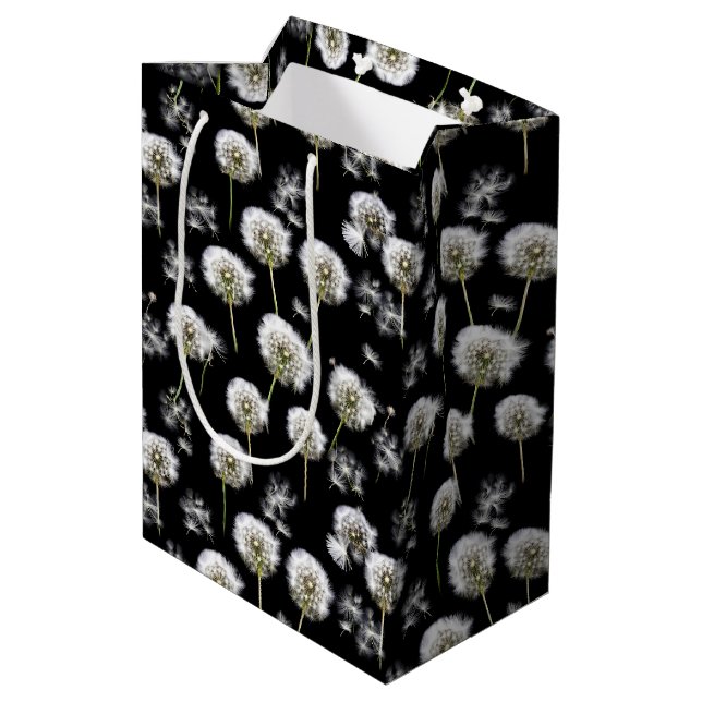 White Dandelion Fluff On Black Medium Gift Bag (Back Angled)