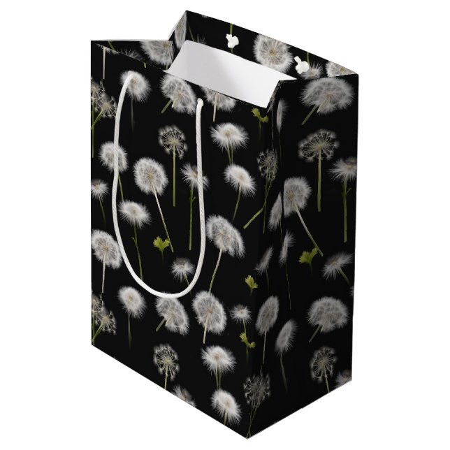 White Dandelion Fluff On Black Medium Gift Bag (Back Angled)