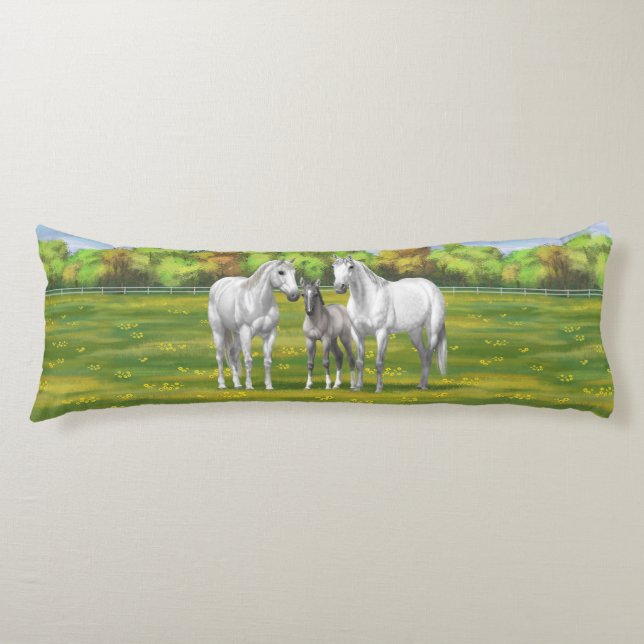 White Dapple Gray Quarter Horses In Summer Body Pillow (Front)