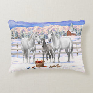 White Dapple Gray Quarter Horses On A Farm In Snow Accent Pillow
