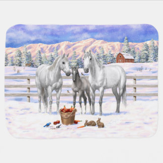 White Dapple Gray Quarter Horses On A Farm In Snow Baby Blanket
