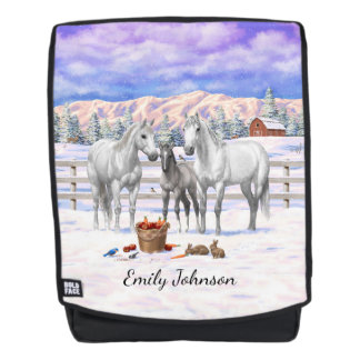 White Dapple Gray Quarter Horses On A Farm In Snow Backpack