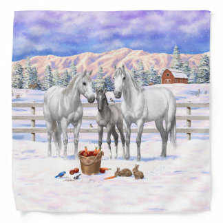White Dapple Gray Quarter Horses On A Farm In Snow Bandana
