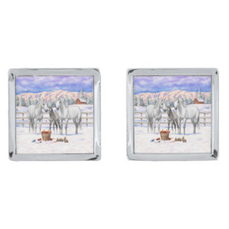 White Dapple Gray Quarter Horses On A Farm In Snow Cufflinks