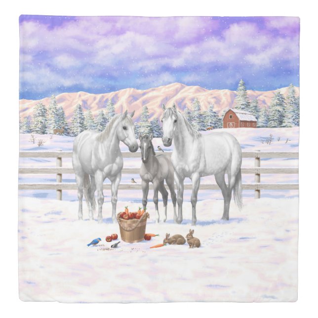 White Dapple Gray Quarter Horses On A Farm In Snow Duvet Cover (Front)
