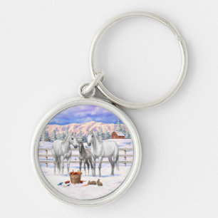 White Dapple Gray Quarter Horses On A Farm In Snow Keychain