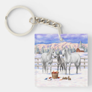 White Dapple Gray Quarter Horses On A Farm In Snow Keychain