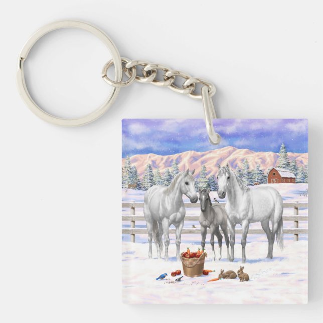 White Dapple Gray Quarter Horses On A Farm In Snow Keychain (Front)