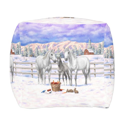 White Dapple Gray Quarter Horses On A Farm In Snow Pouf