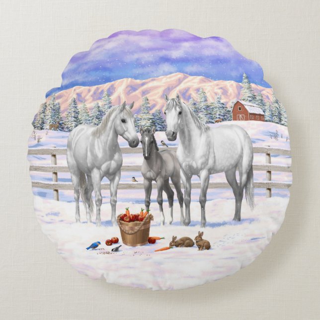 White Dapple Gray Quarter Horses On A Farm In Snow Round Pillow (Front)