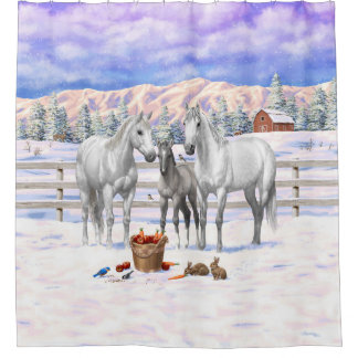 White Dapple Gray Quarter Horses On A Farm In Snow Shower Curtain