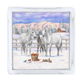 White Dapple Gray Quarter Horses On A Farm In Snow Silver Finish Lapel Pin