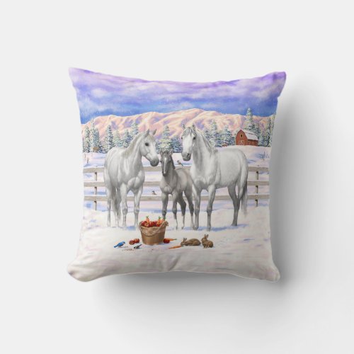 White Dapple Gray Quarter Horses On A Farm In Snow Throw Pillow