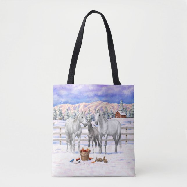 White Dapple Gray Quarter Horses On A Farm In Snow Tote Bag (Front)