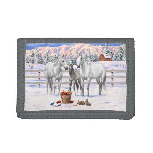 White Dapple Gray Quarter Horses On A Farm In Snow Trifold Wallet