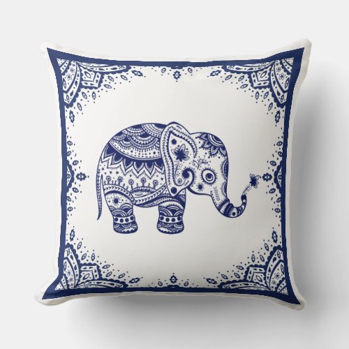 White  Dark Blue Floral Paisley  Elephant Throw Pillow