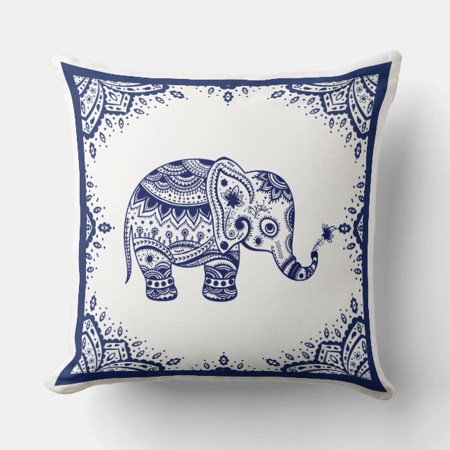 White & Dark Blue Floral Paisley & Elephant Throw Pillow (Front)
