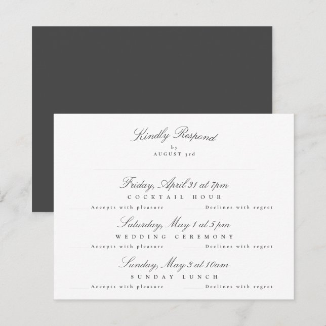 White Dark Gray Elegant Calligraphy multi-event RSVP Card (Front/Back)