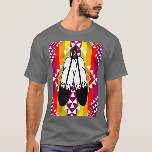 White Dark Magenta Double Feather Native Print  T_Shirt