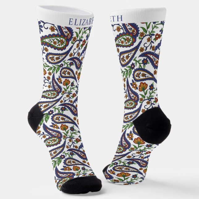 White Dark Navy Blue Green Paisley Pattern Socks (Angled)