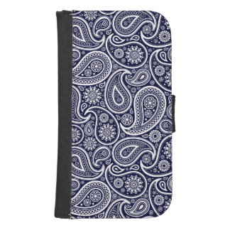 White & Dark Navy Blue Vintage Paisley Pattern Galaxy S4 Wallet Case