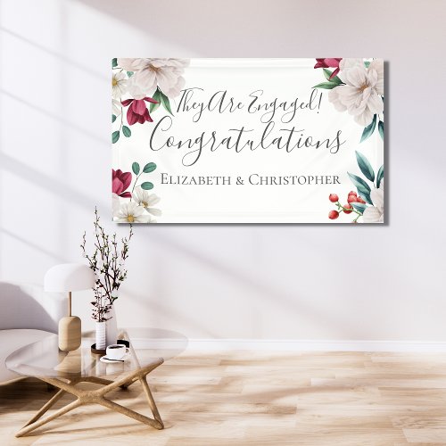 White Dark Pink Red Floral Greenery Engagement  Banner