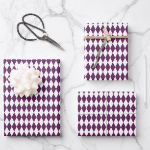White & Dark Purple Harlequin Diamonds Wrapping Paper Sheets