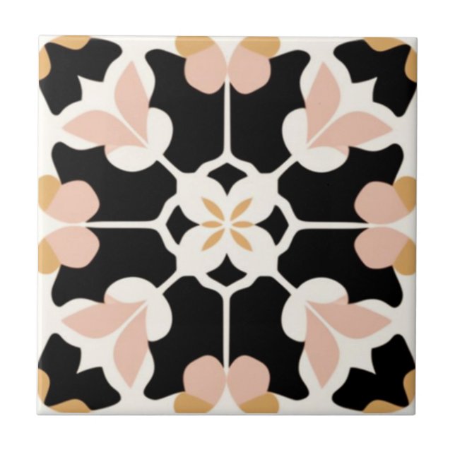 White, dark-purple, white, pink and yellow floral ceramic tile (Front)