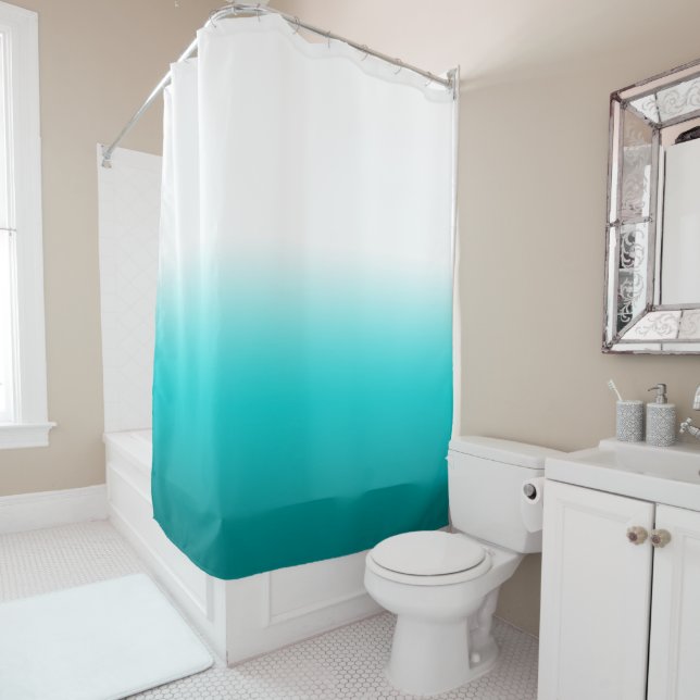 White Dark Turquoise and Teal Colorblock Ombre Shower Curtain (In Situ)