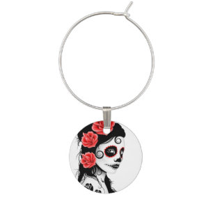 White Day of the Dead Sugar Skull Girl Wine Glass Charm