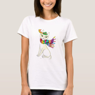 white decorative cat in a hat and scarf on black T-Shirt