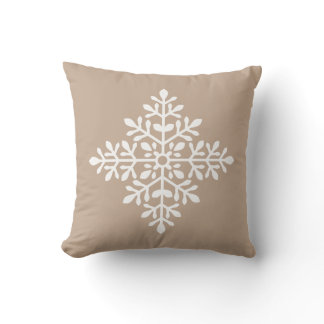 White Decorative Snowflake Silhouette On Beige Throw Pillow