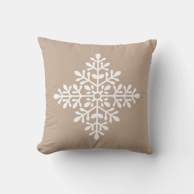 White Decorative Snowflake Silhouette On Beige Throw Pillow (Front)