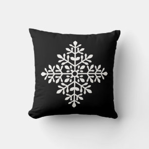 White Decorative Snowflake Silhouette On Black Throw Pillow