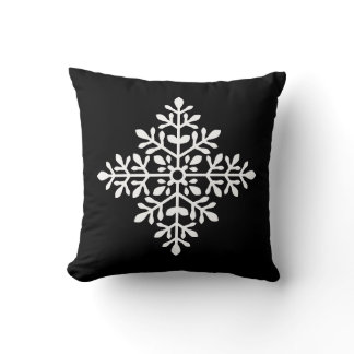 White Decorative Snowflake Silhouette On Black Throw Pillow