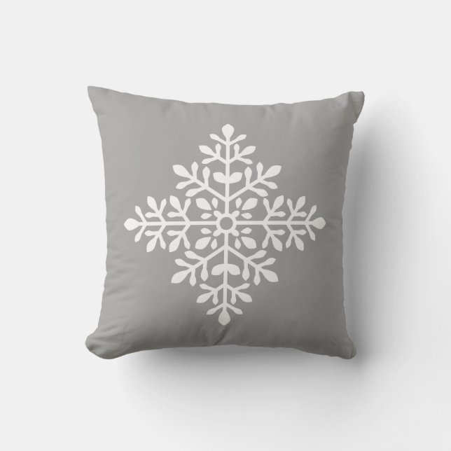 White Decorative Snowflake Silhouette On Gray Throw Pillow (Front)