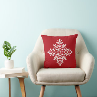 White Decorative Snowflake Silhouette On Red Throw Pillow
