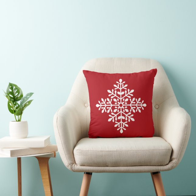 White Decorative Snowflake Silhouette On Red Throw Pillow (Chair)