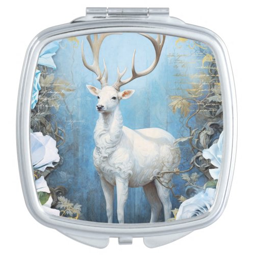 White Deer and Blue Roses Compact Mirror