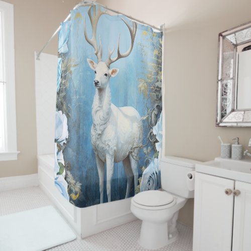 White Deer and Blue Roses Shower Curtain