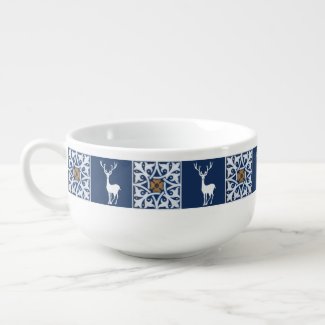 White Deer and Floral Squares Pattern Soup Mug