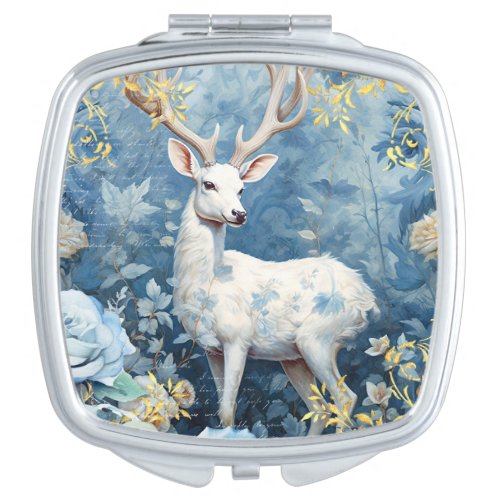 White Deer and Gold Damask Compact Mirror