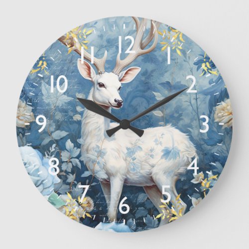 White Deer and Gold Damask Large Clock